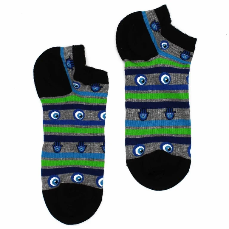 Pair of low cut bamboo socks featuring Evil Eye and Hamsa patterns