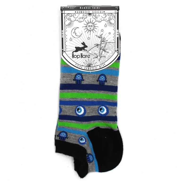 Small‑medium low‑cut bamboo socks with evil eye and hamsa designs.