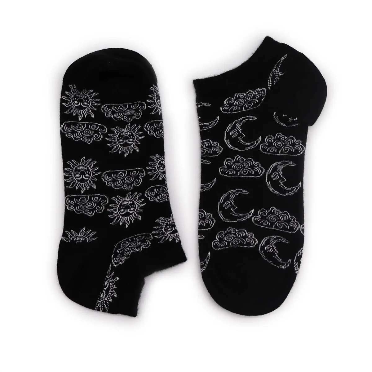 Pair of S/M Hop Hare bamboo low cut socks in day and night colours, size 3.5-6.5 displayed on white background