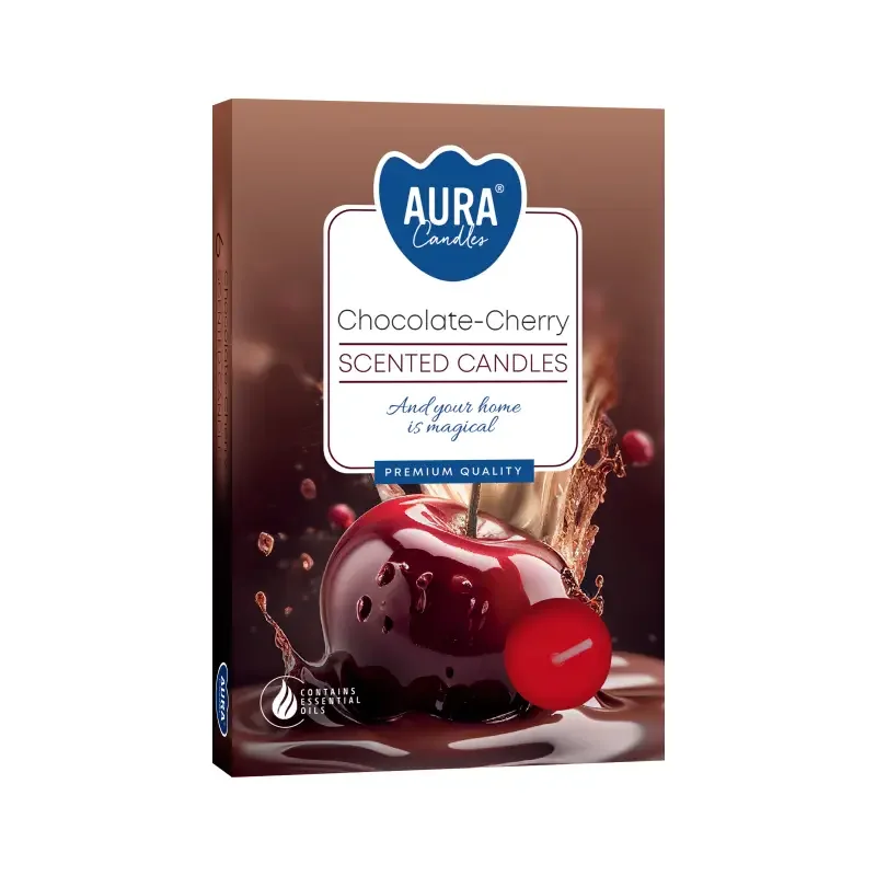Set of 6 chocolate scented candles tealights with a sour cherry fragrance in small round holders on a white background