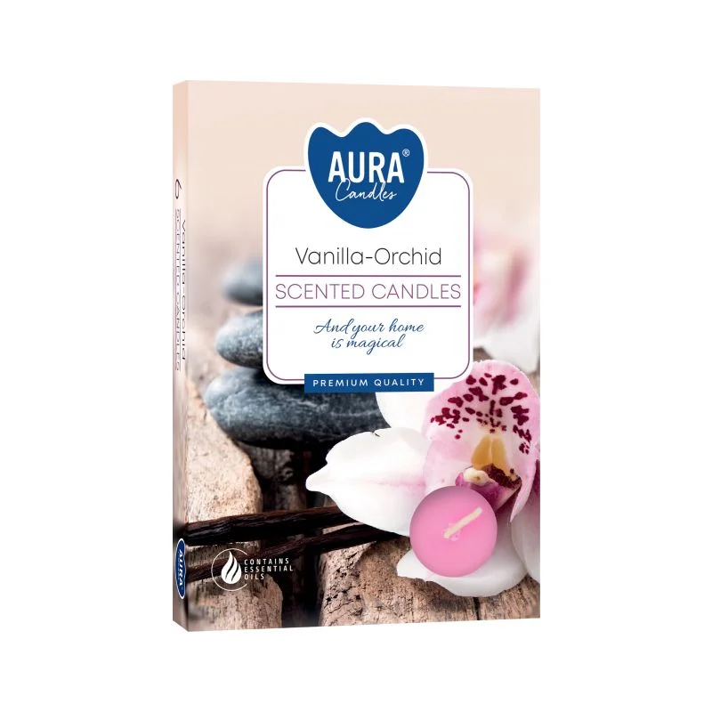 Set of 6 vanilla and orchid scented tealights arranged together in a scented tealights set for home fragrance