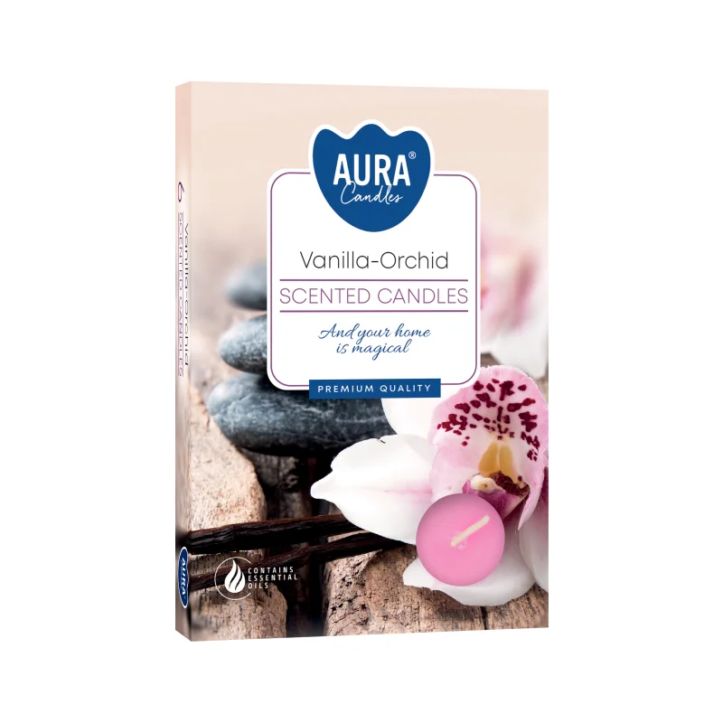 Set of 6 candles in tealight holders with vanilla and orchid scent, arranged neatly on a white surface