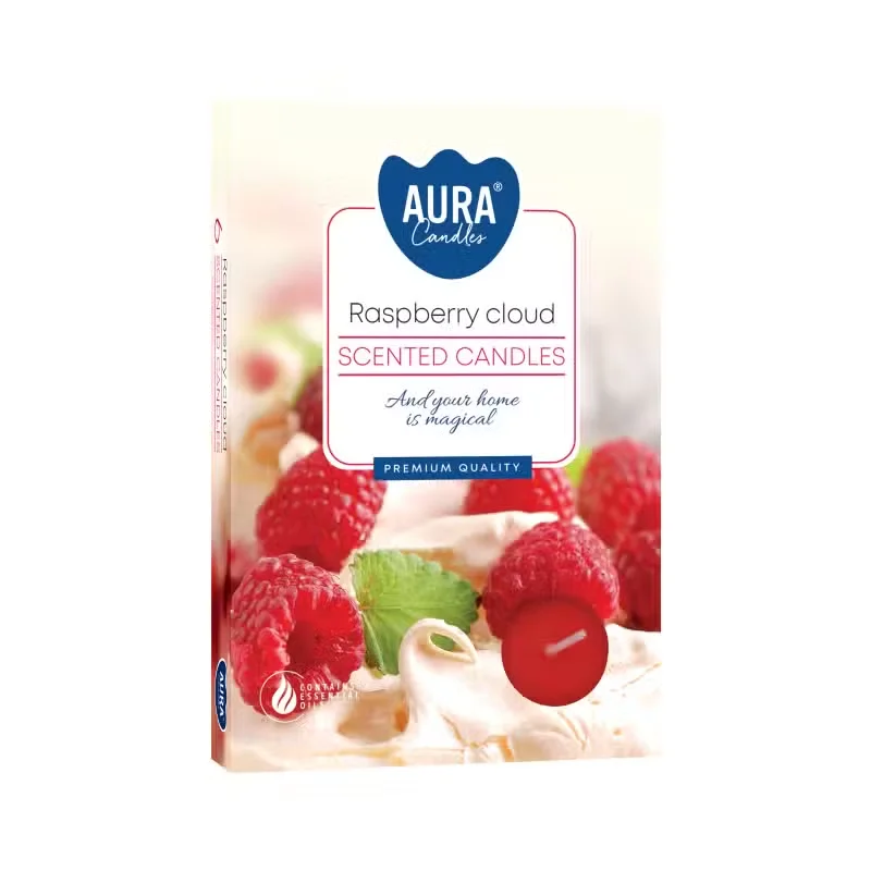 Set of 6 aromatic tealight candles in raspberry cloud scent arranged closely on a white background