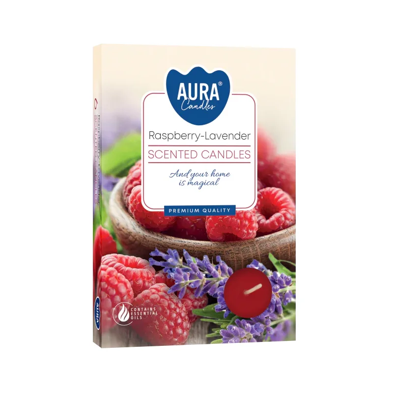 Set of six white lavender tealights with raspberry scent arranged in a neat cluster on a white background