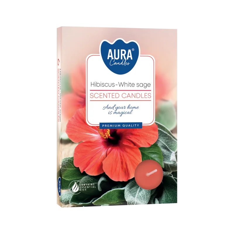 Set of 6 scented tealights set with hibiscus and white sage fragrance in small round holders on white background