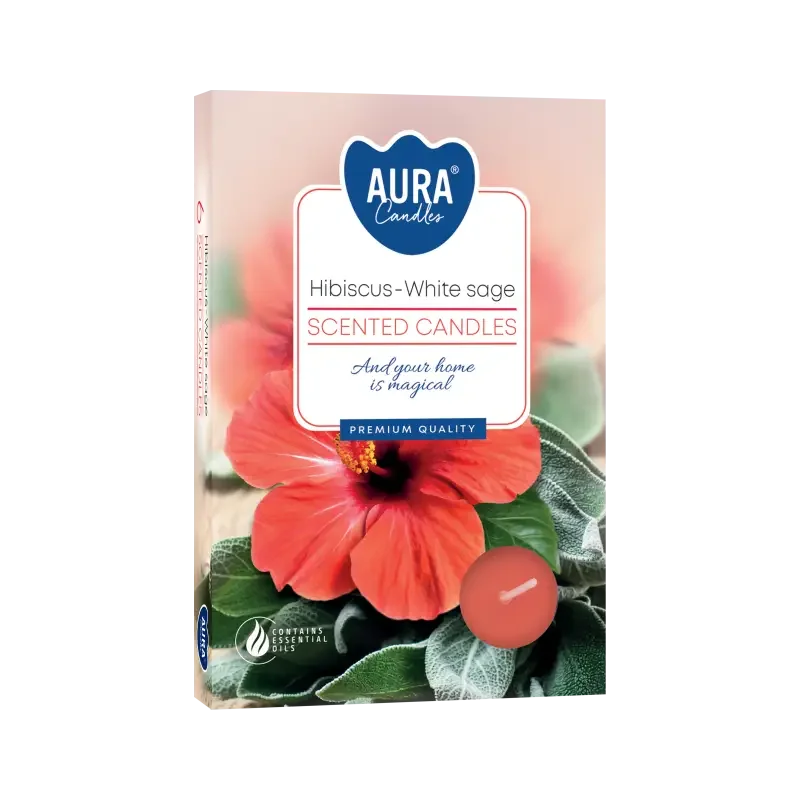 Set of 6 hibiscus scented candles tealights in small silver holders arranged on a white surface