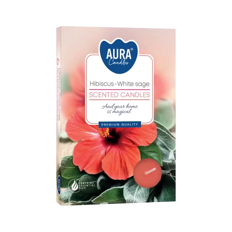 Set of 6 candles in small tealight holders scented with hibiscus and white sage arranged on a white surface