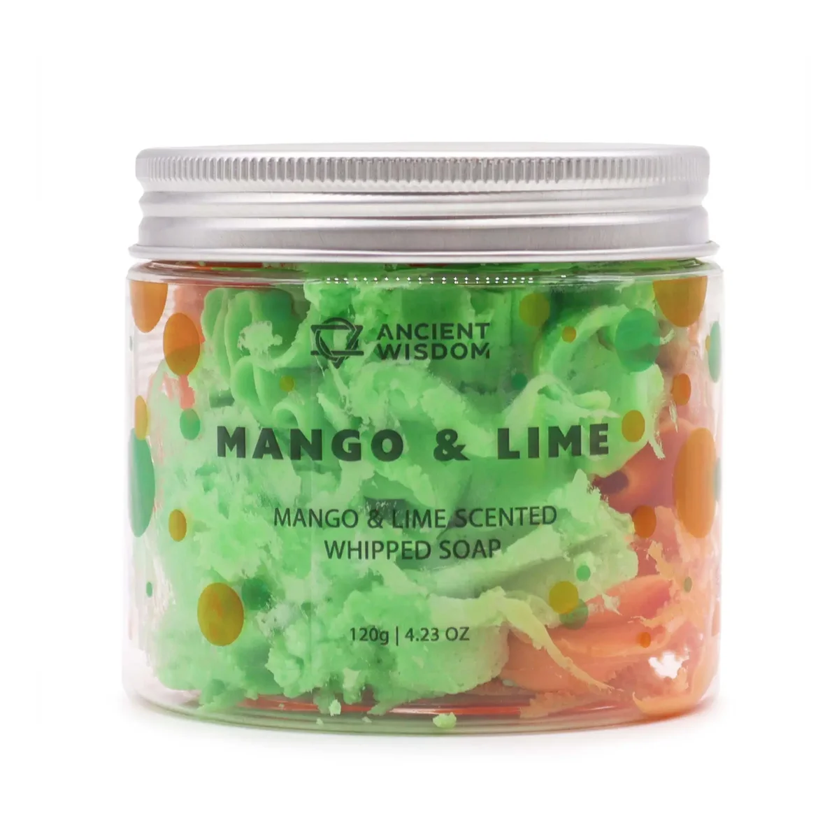 Jar of Mango & Lime whipped soap 120g with creamy texture and vibrant yellow-green color on white background