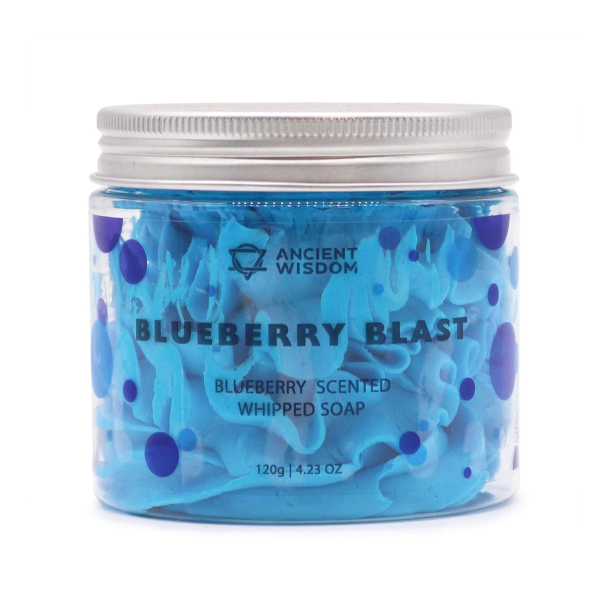 Blueberry whipped soap in a 120g container with a creamy, fluffy texture and light purple color on a white background