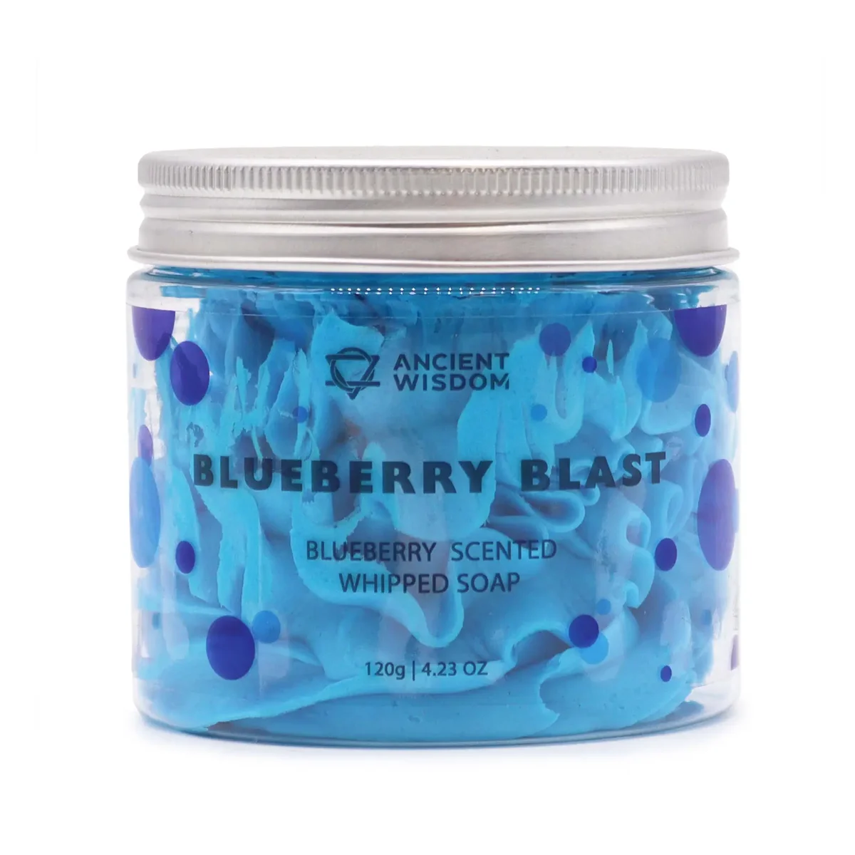 Jar of blueberry whipped soap 120g with light purple whipped texture and smooth surface on white background