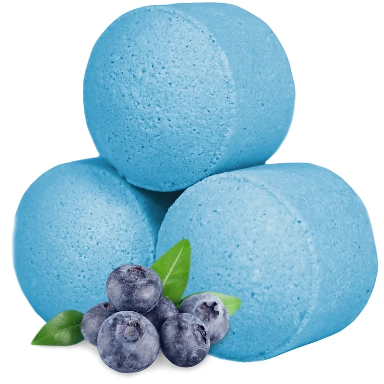 Box of 1.3 kg blueberry bath bombs in clear packaging, showing small round fizzing gems.
