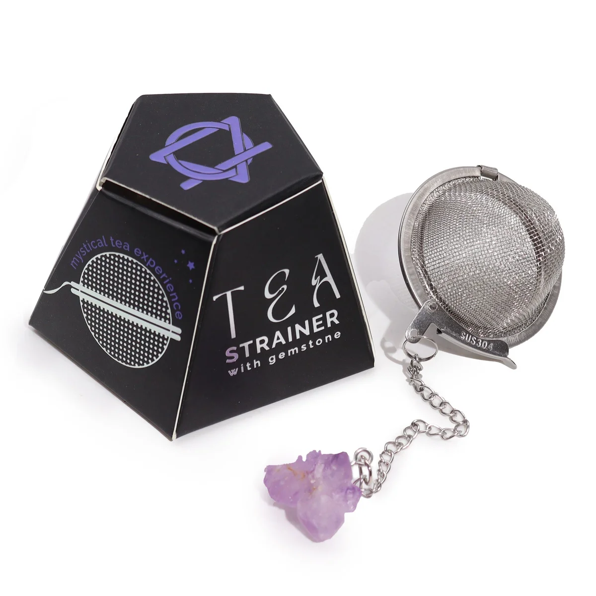 Raw crystal amethyst cluster tea strainer with metal mesh for loose leaf tea brewing on white background