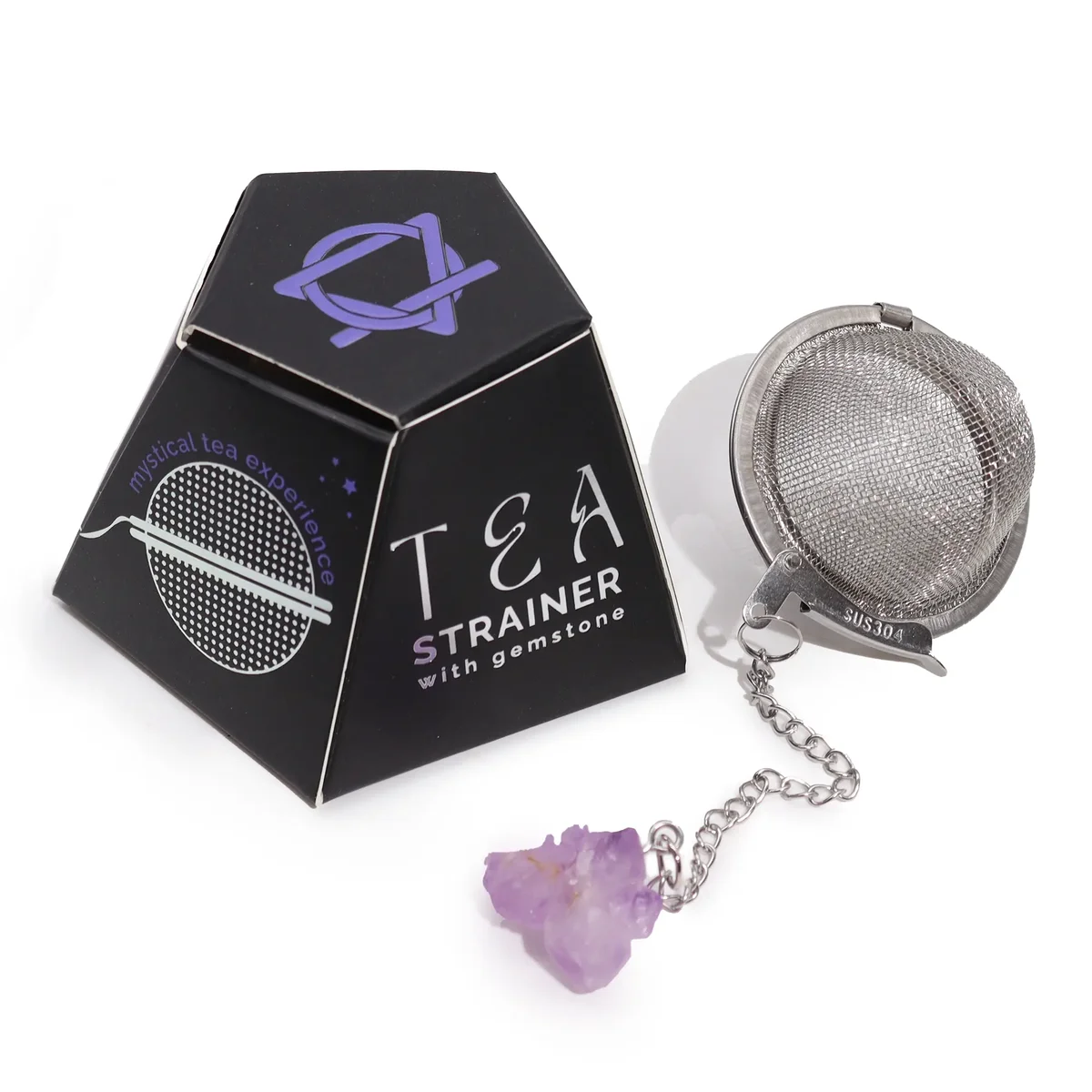 Raw crystal tea strainer featuring a purple amethyst cluster attached to a metal mesh strainer handle