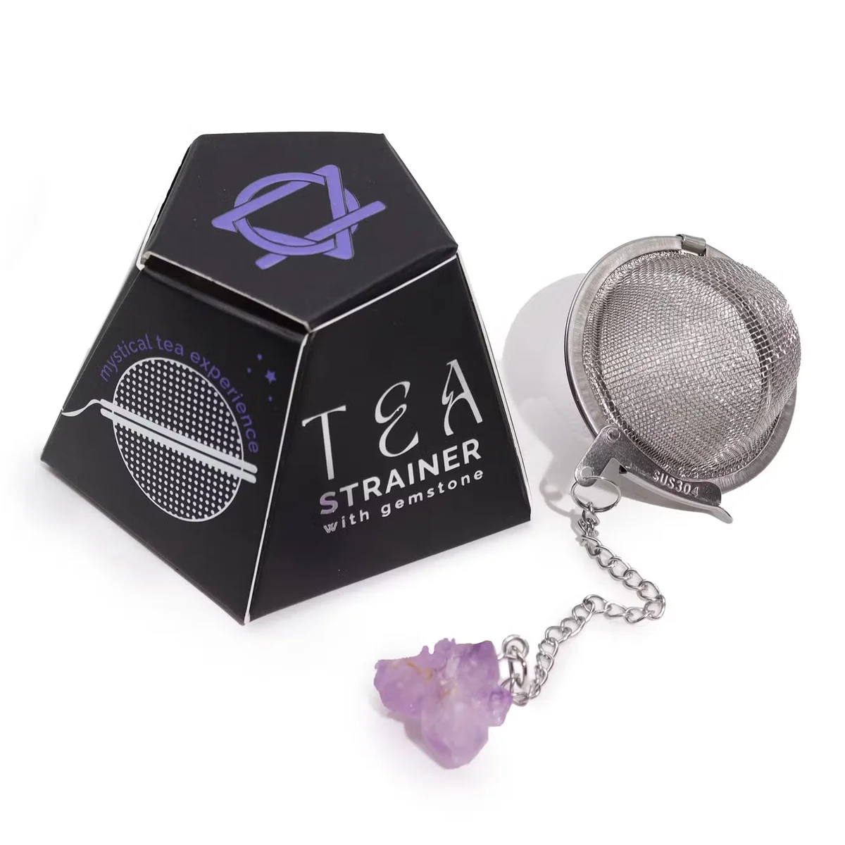 Raw crystal amethyst cluster strainer with metal tea infuser for loose leaf tea brewing on white background