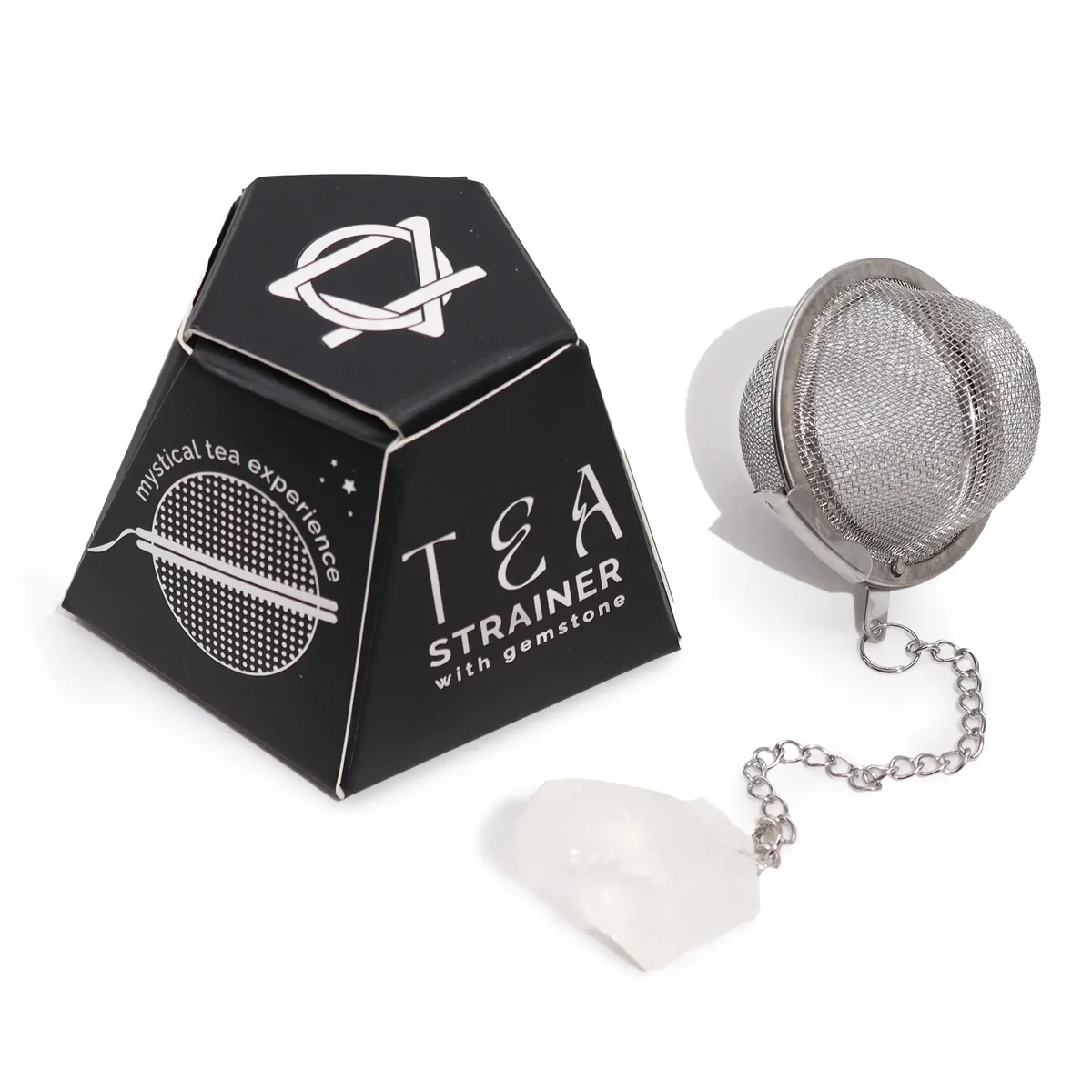 Raw crystal rock quartz tea strainer with natural gemstone handle designed for loose leaf tea brewing