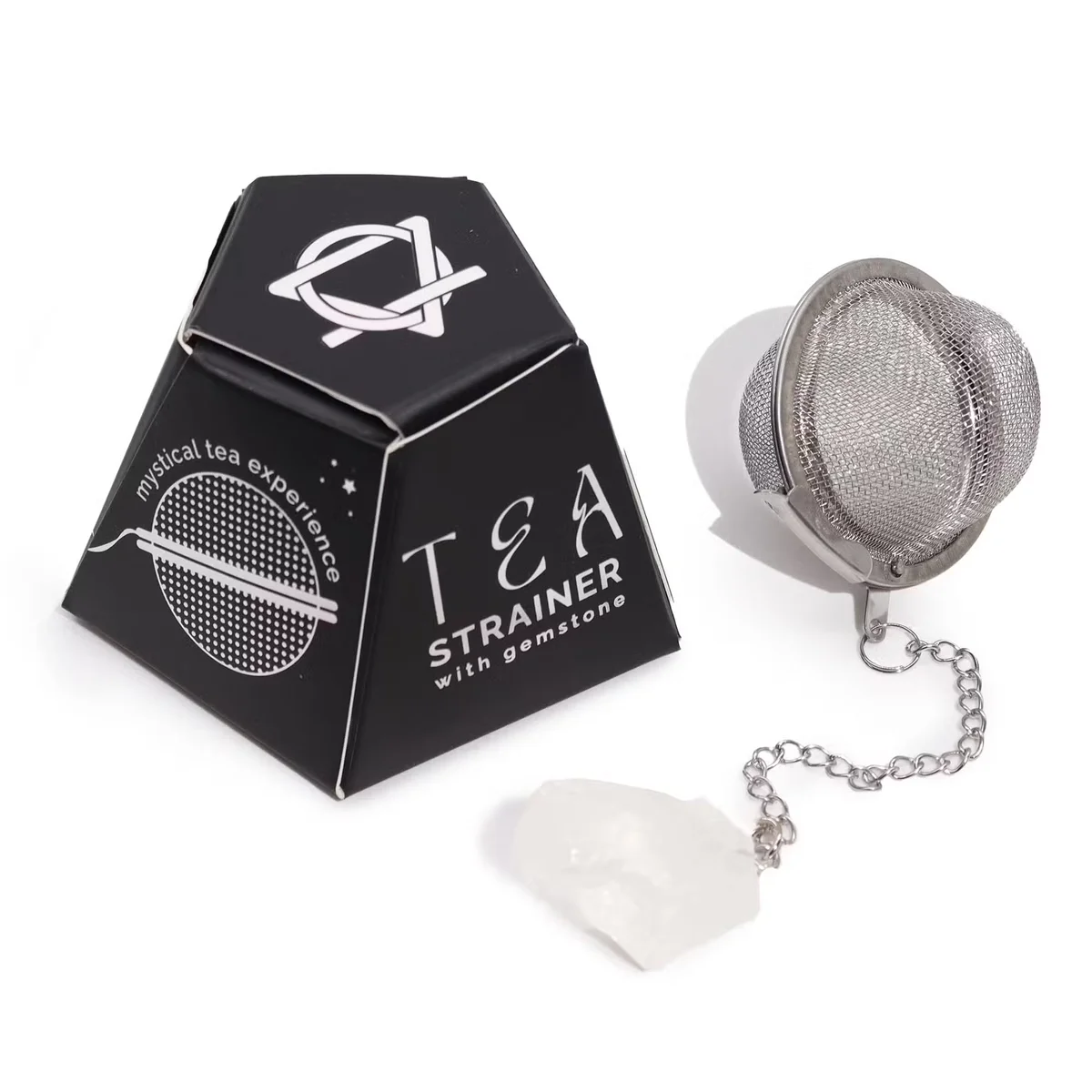 Raw rock quartz crystal unique tea strainer with metal mesh for loose leaf tea brewing on white background