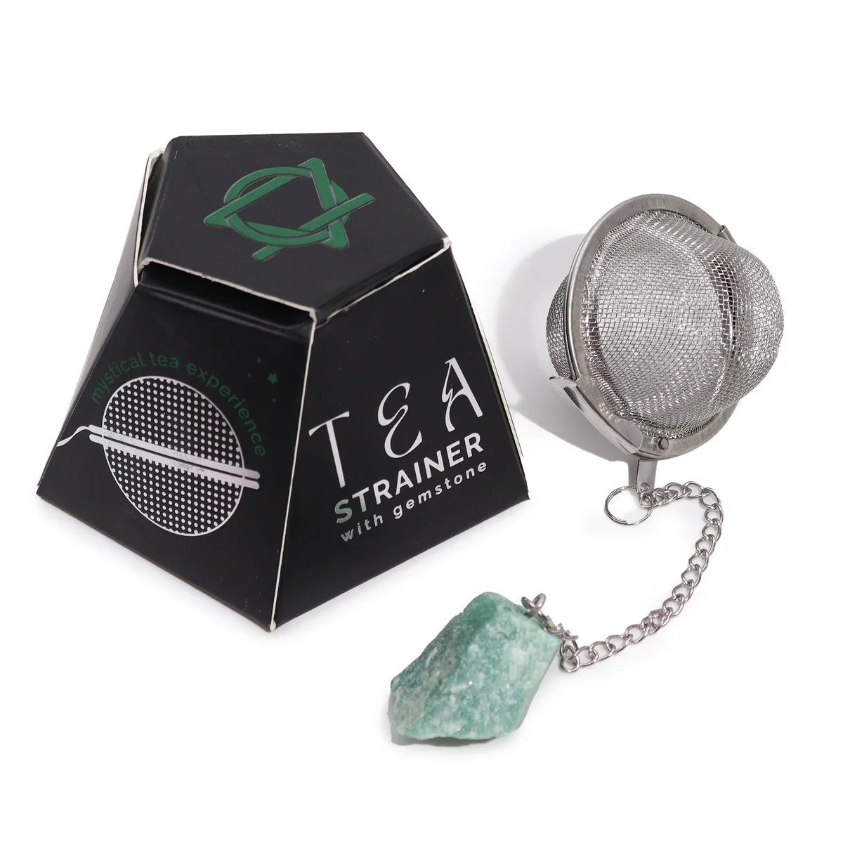 Green Aventurine raw crystal gemstone tea infuser with metal strainer handle on white background