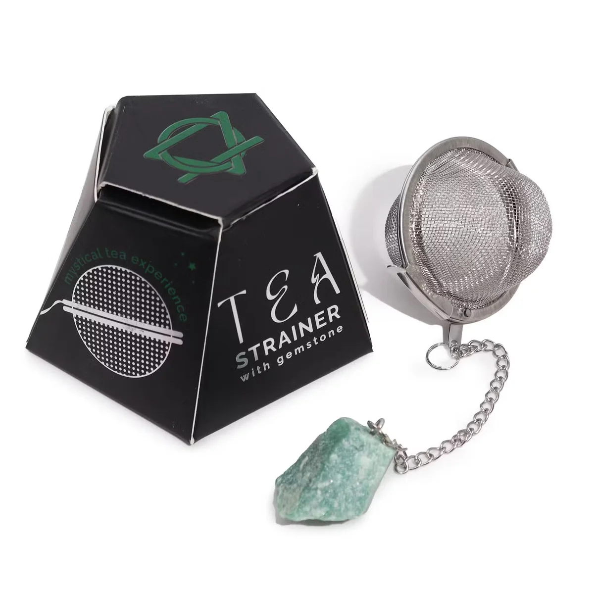 Green Aventurine raw crystal unique tea strainer with metal mesh and handle on white background