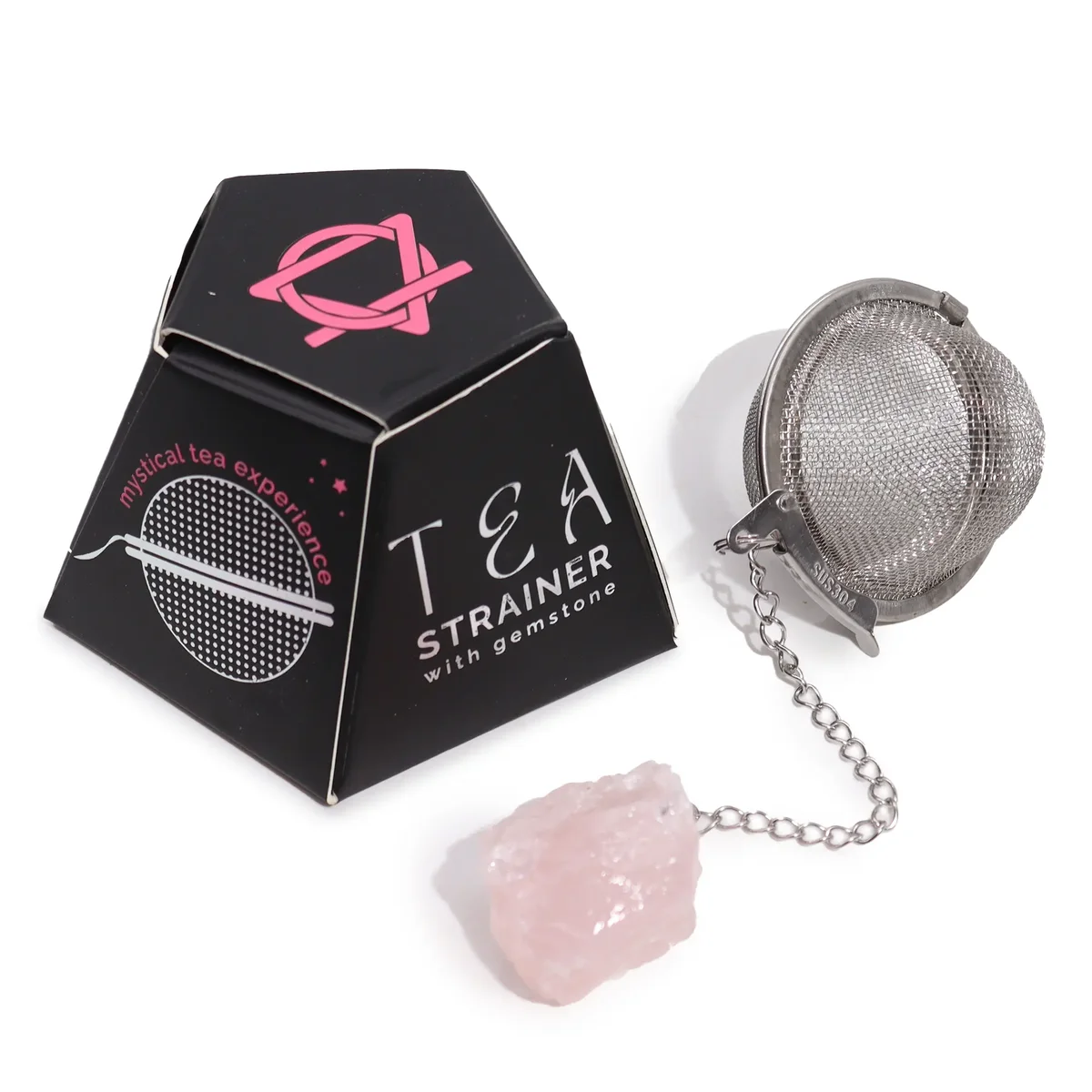 Rose quartz tea strainer featuring raw crystal gemstone design for brewing loose leaf tea