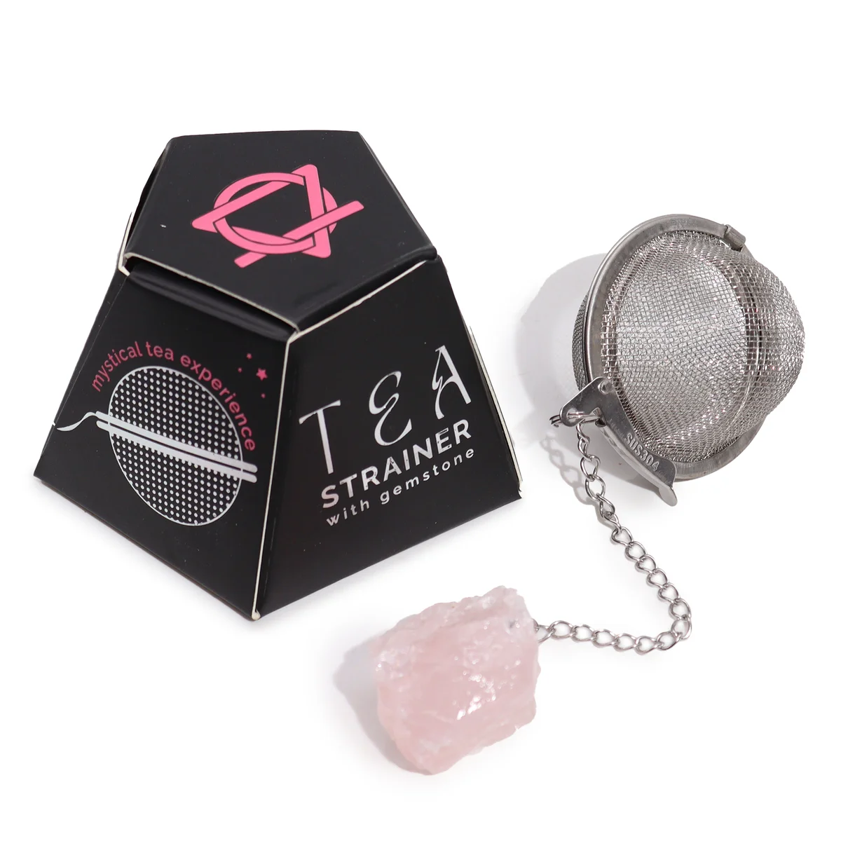 Raw crystal tea infuser with rose quartz gemstone attached, designed for straining tea leaves in a cup or pot