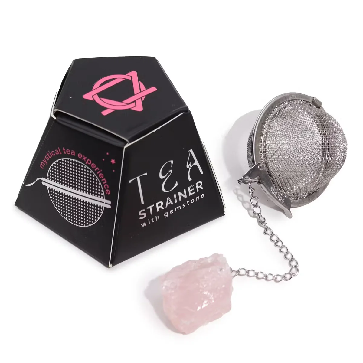 Raw rose quartz gemstone tea strainer with metal mesh and handle on white background