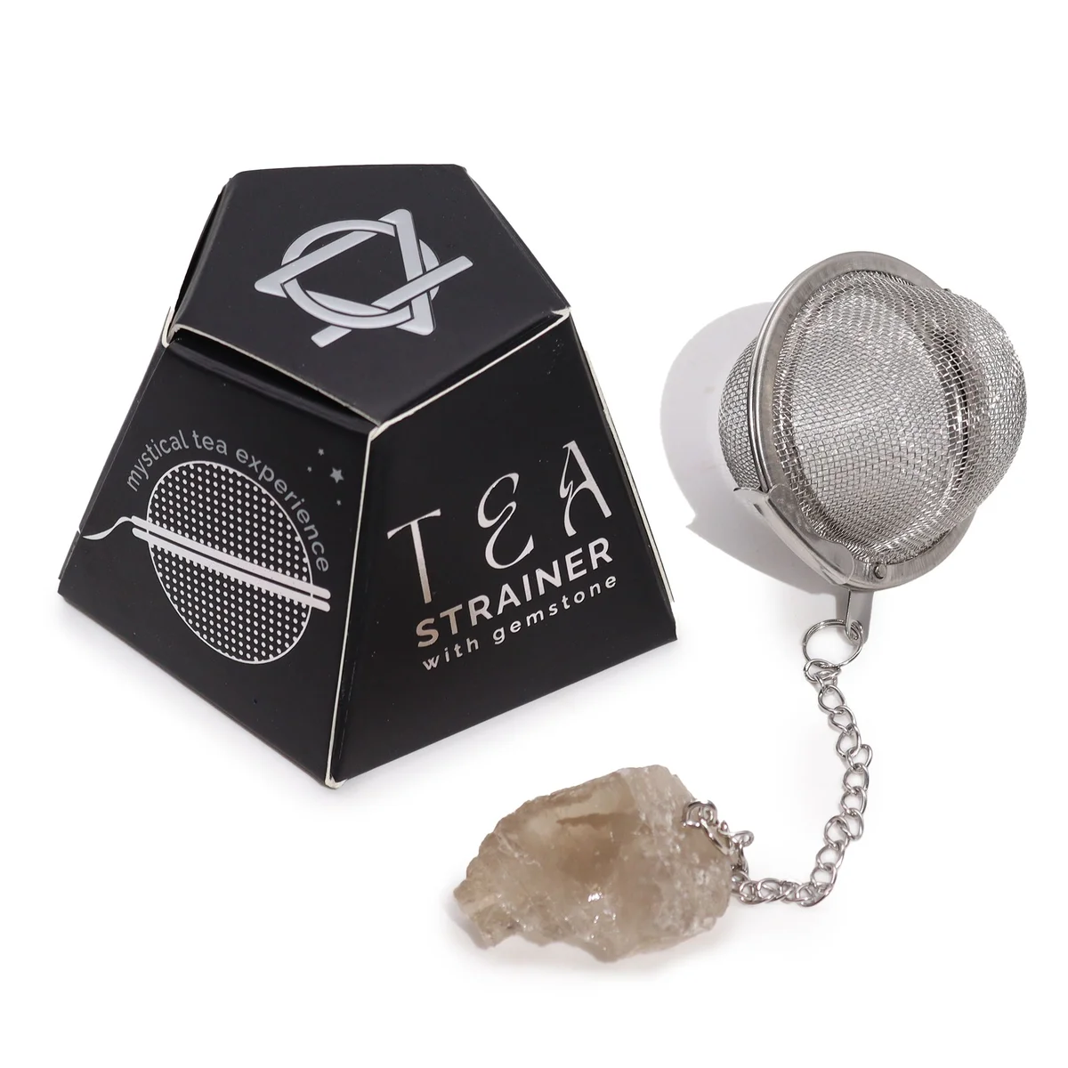 Raw smoky quartz tea strainer with a natural crystal gemstone attached to a metal mesh strainer for loose leaf tea brewing