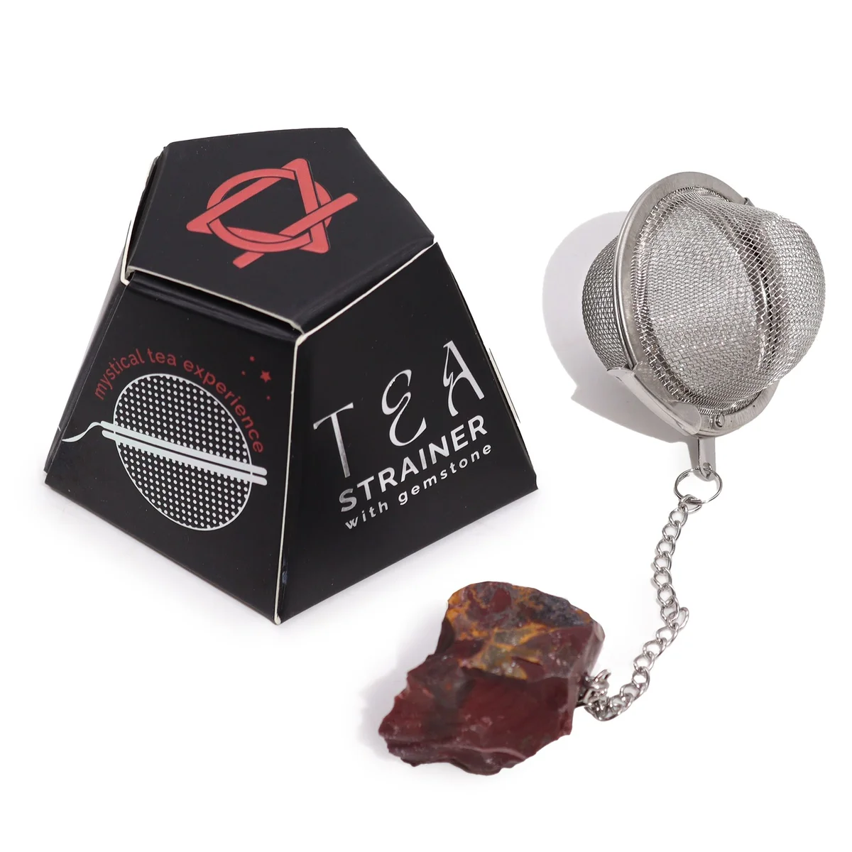 Raw crystal tea strainer featuring a Mookaite gemstone with a metal mesh for loose leaf tea brewing