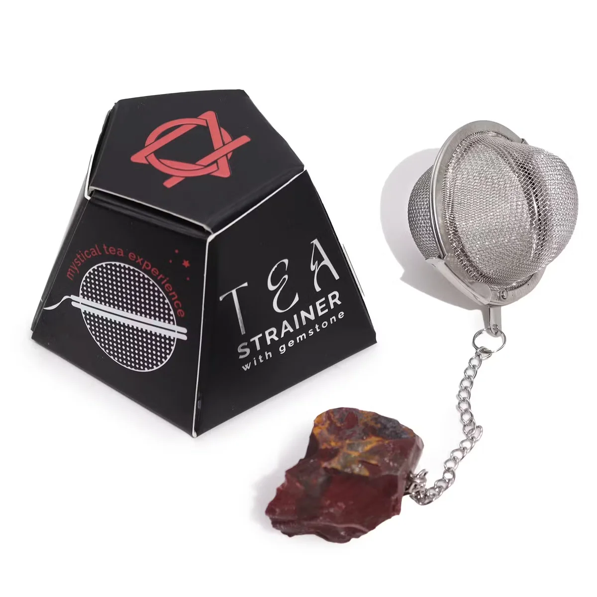 Raw Mookaite crystal unique tea infuser with metal mesh strainer on white background, angled view