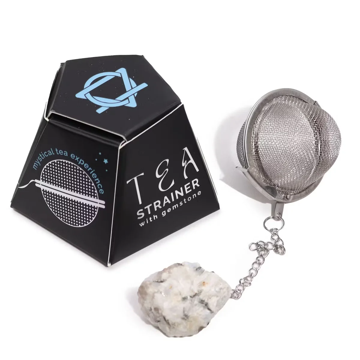 Raw Rainbow Moonstone crystal tea strainer with metal mesh, showcasing unique tea accessories design on white background