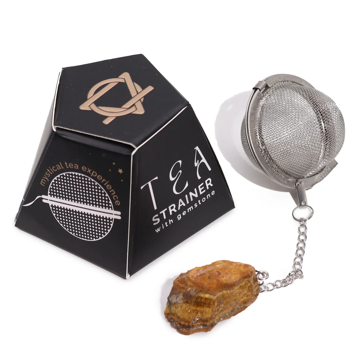 Gold Tigers Eye raw crystal gemstone tea strainer with metal mesh for brewing loose leaf tea