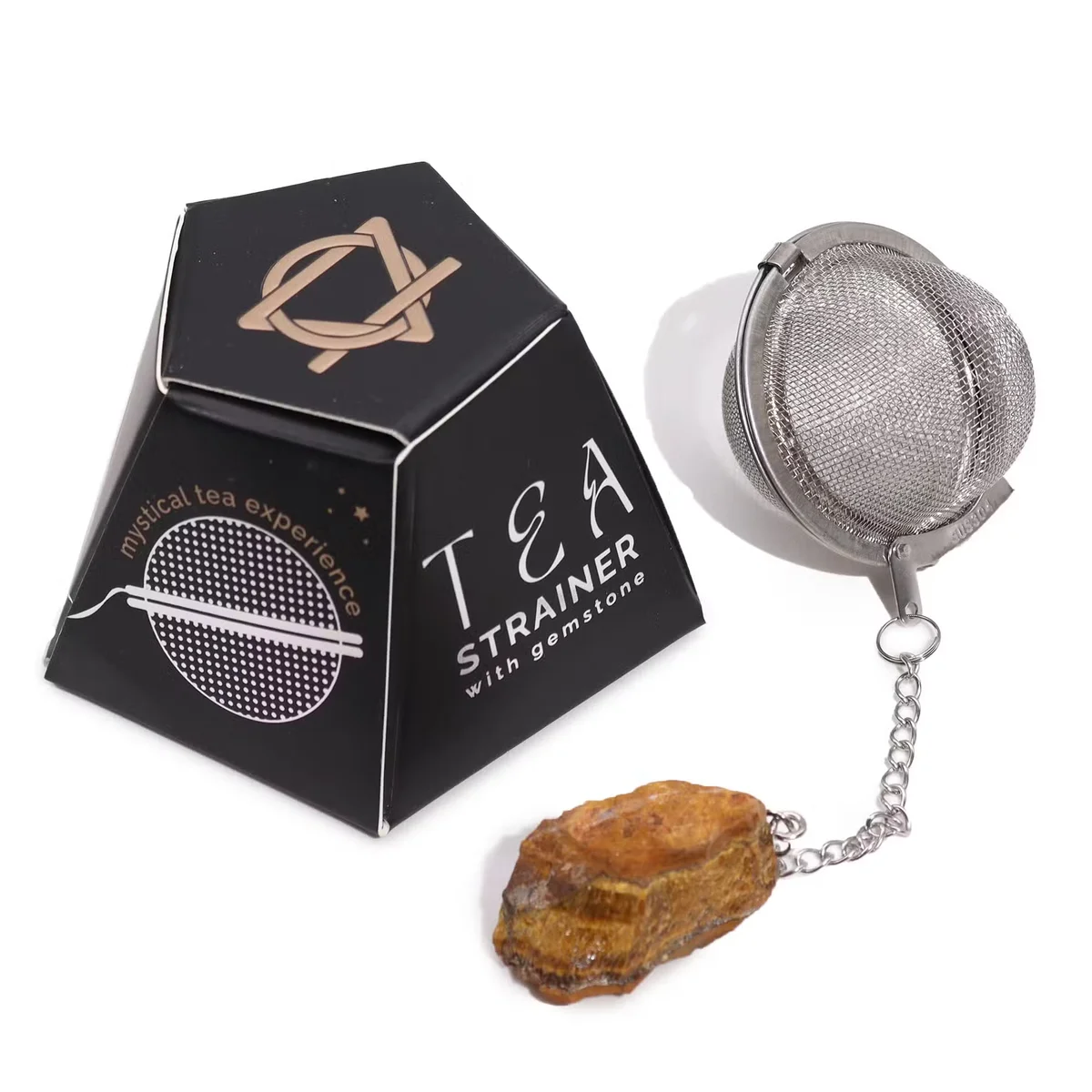 Gold Tigers Eye raw crystal unique tea infuser with fine mesh strainer for loose leaf tea brewing