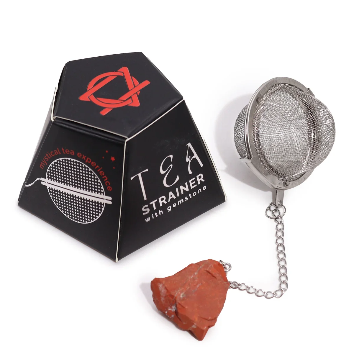 Raw crystal tea strainer with red jasper gemstone handle and stainless steel mesh for loose leaf tea brewing