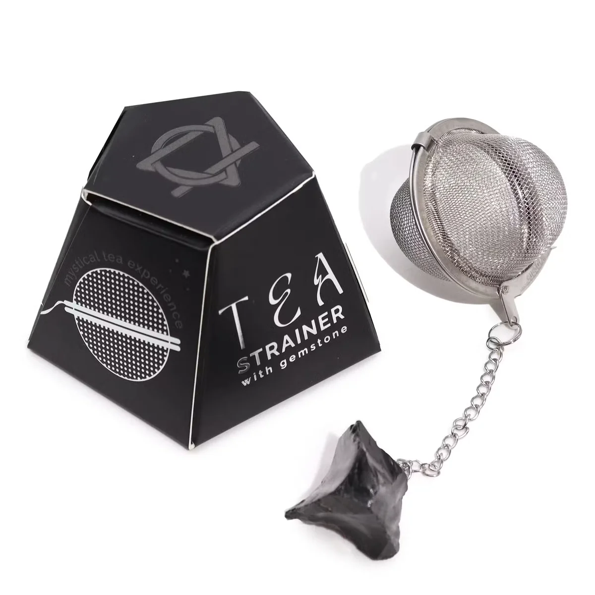 Unique tea strainer featuring raw black obsidian crystal gemstone with metal mesh for brewing loose leaf tea