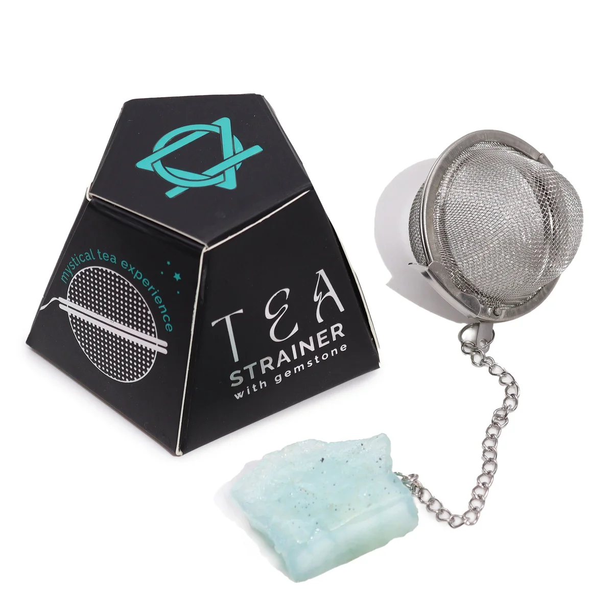 Raw crystal tea strainer featuring a natural aquamarine gemstone attached to a metal mesh strainer handle