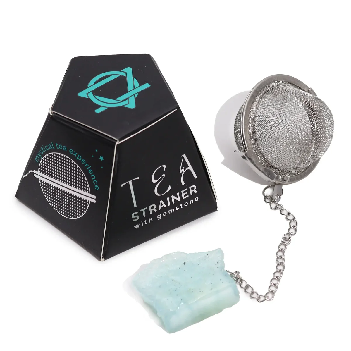 Raw aquamarine crystal gemstone tea strainer with metal mesh and handle for brewing loose leaf tea