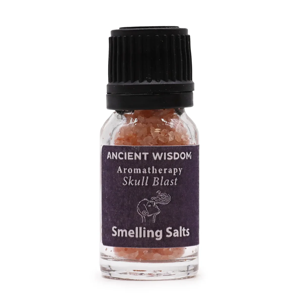 Small bottle of Skull Blast aromatherapy skull smelling salt with black and white skull-themed label on white background