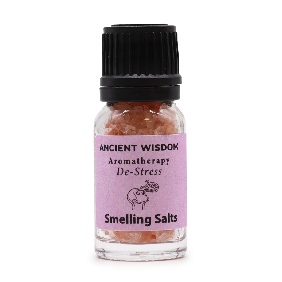 Small glass bottle of De-Stress aromatherapy smelling salt with a white label and black cap on a white background
