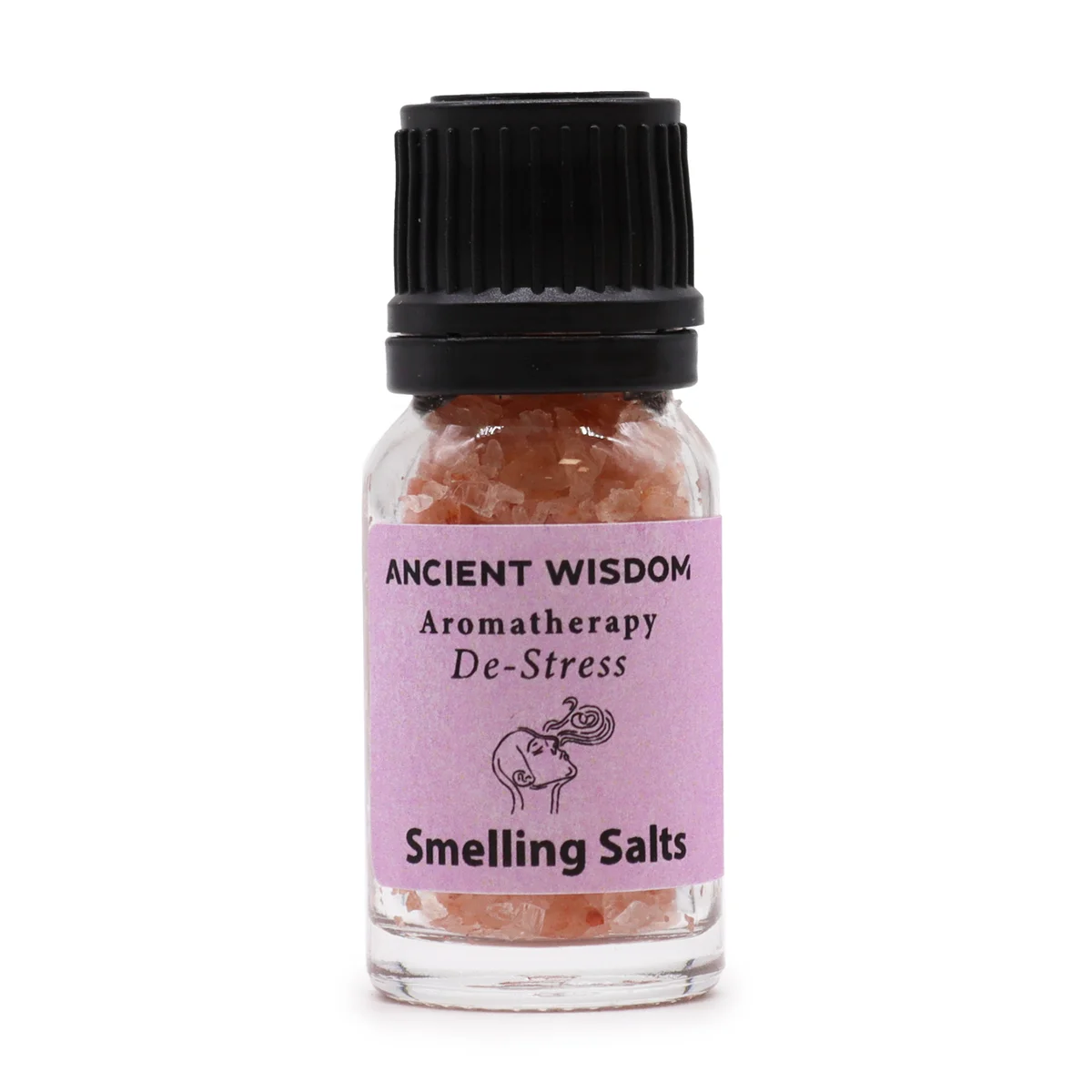 Small glass bottle of De-Stress Aromatherapy Smelling Salt for Stress with a white label and black cap on a white background