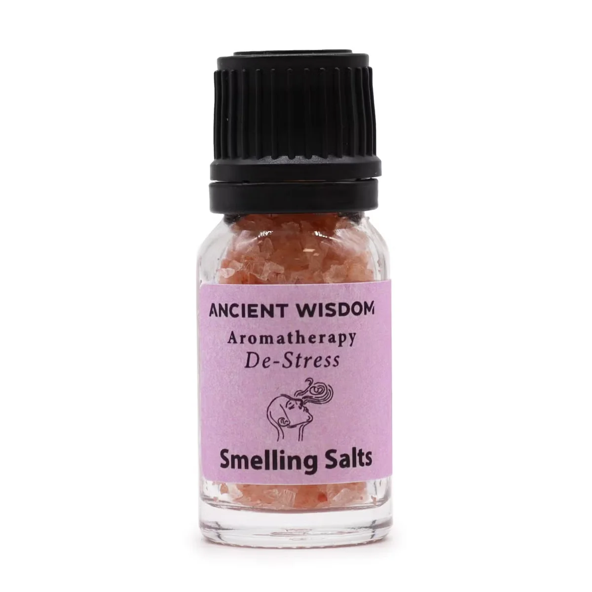 Small amber glass bottle of De-Stress Aromatherapy natural smelling salts with a white label and black cap on a white background
