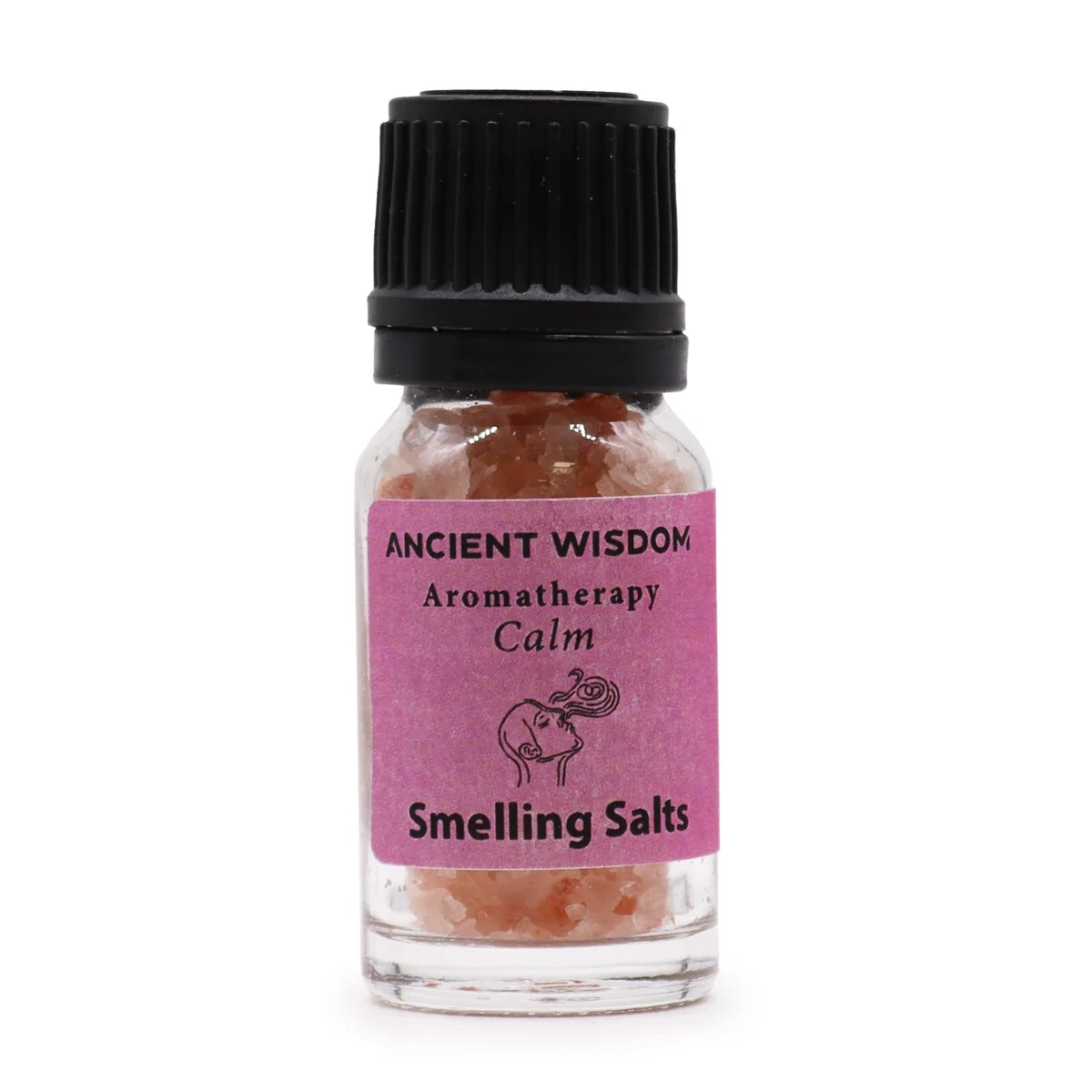 Glass jar of calm aromatherapy smelling salt with a wooden lid on a white background