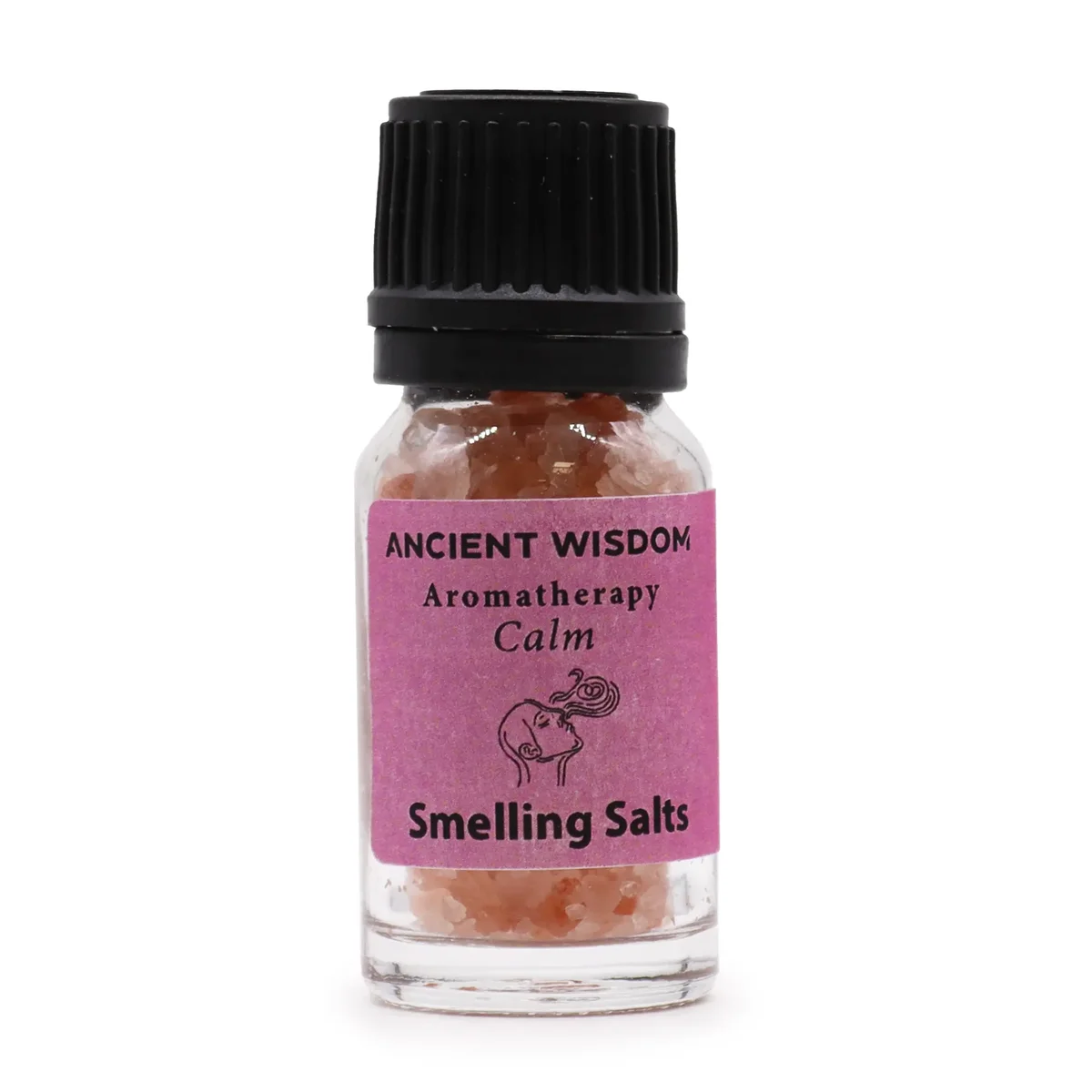 Small glass jar of Calm aromatherapy smelling salts with a white label and black lid on a white background