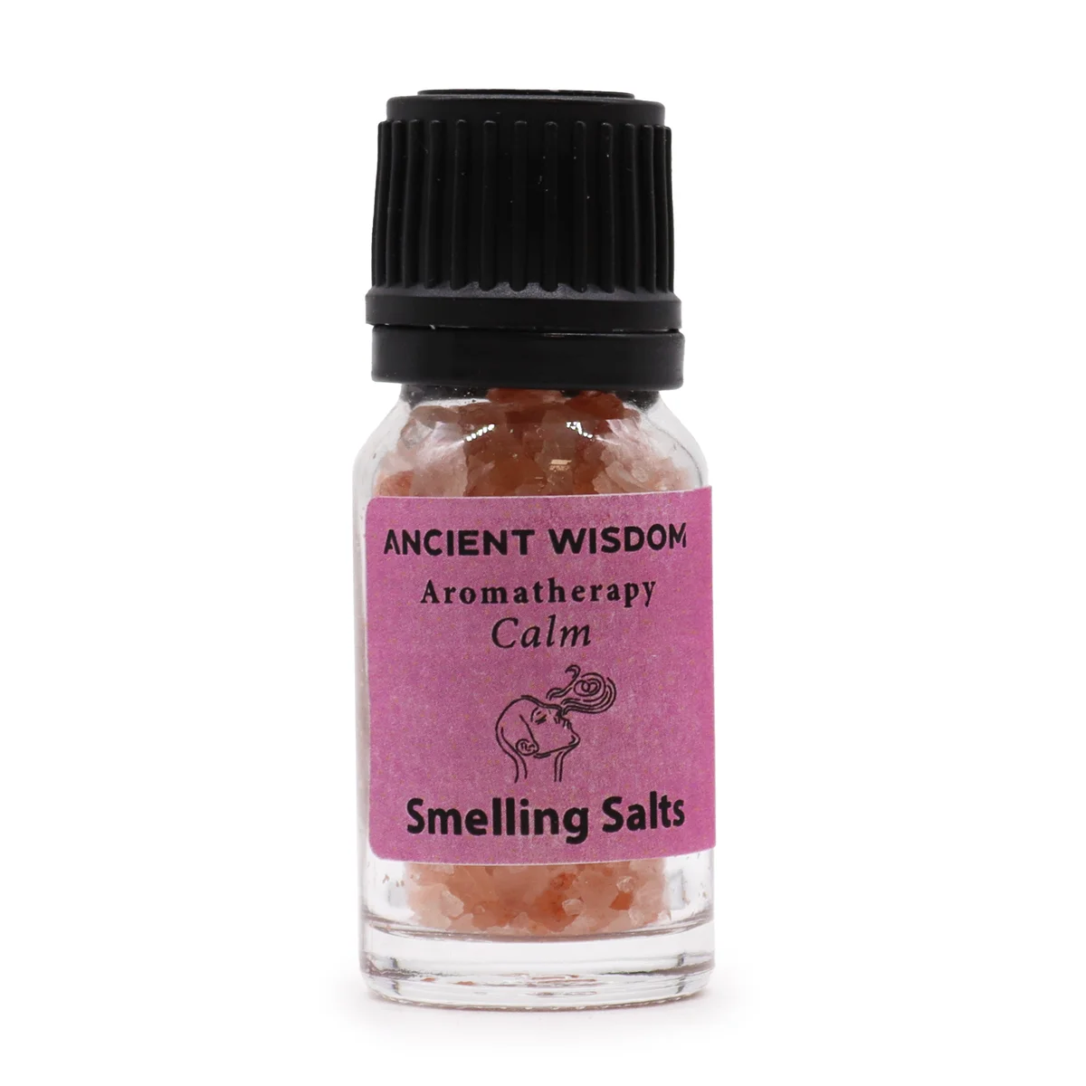 Small glass jar of Calm Aromatherapy smelling salts with a white lid, labelled calm smelling salts for relaxation use