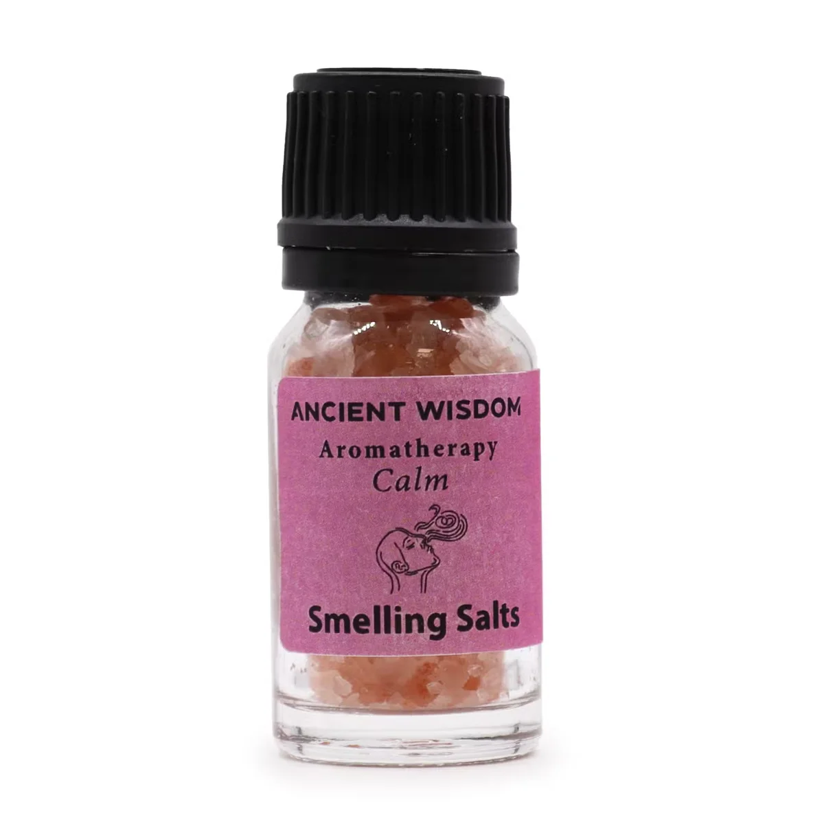 Small amber bottle of Calm Aromatherapy natural smelling salts with white label and black cap on white background