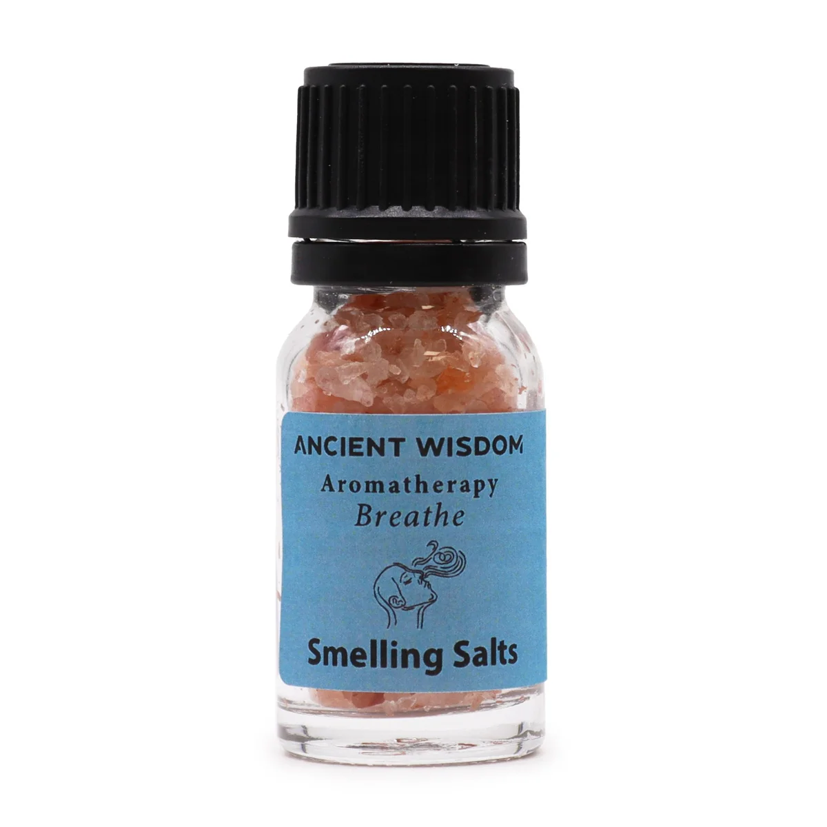Small bottle of Breathe Aromatherapy Smelling Salt with clear liquid and white label on a white background