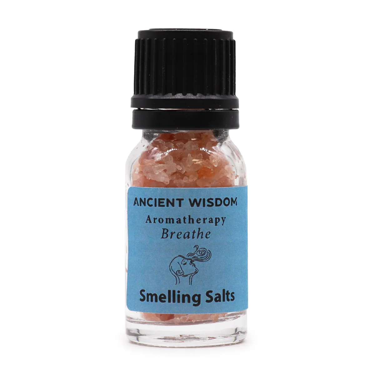 Breathe Aromatherapy Smelling Salt bottle with aromatherapy inhaler salt label on a white background