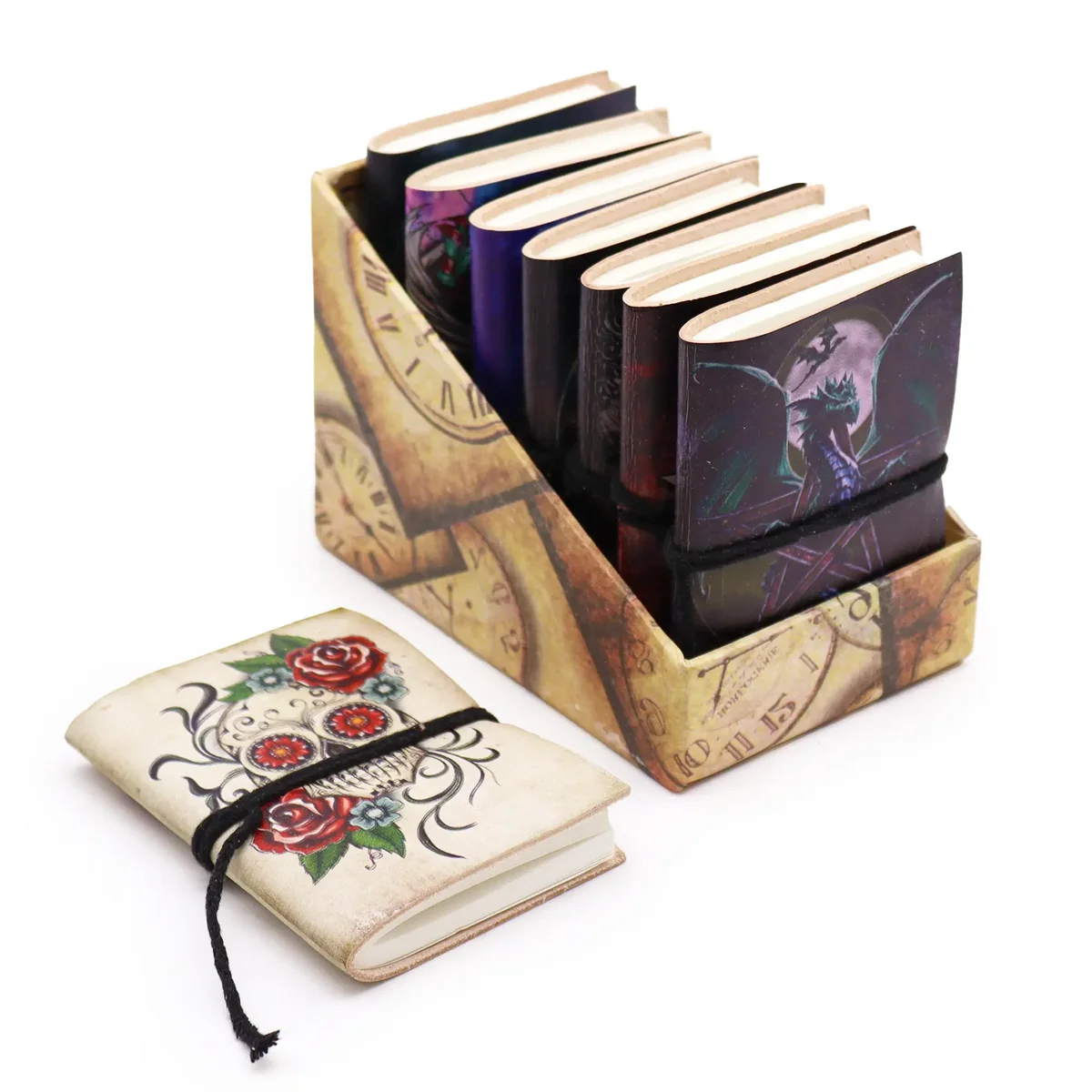 Set of assorted gothic notebooks with varied dark-themed covers, each measuring 7x10cm, stacked neatly