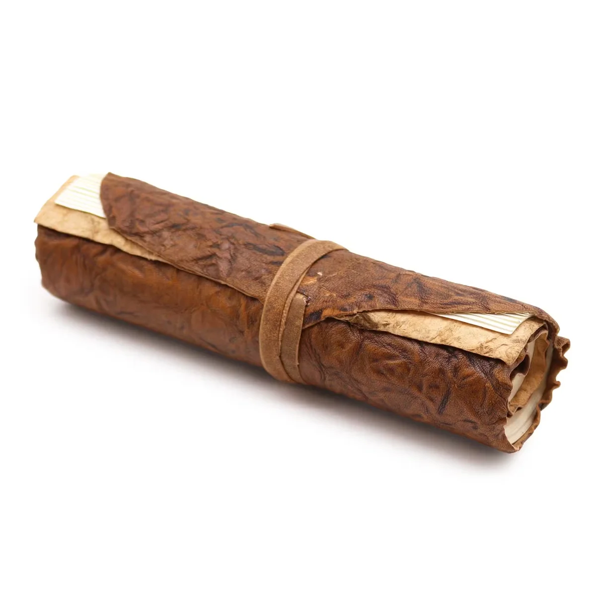 Rolled natural leather notebook open to blank pages, showing 96-page travel journal in 21x15cm size