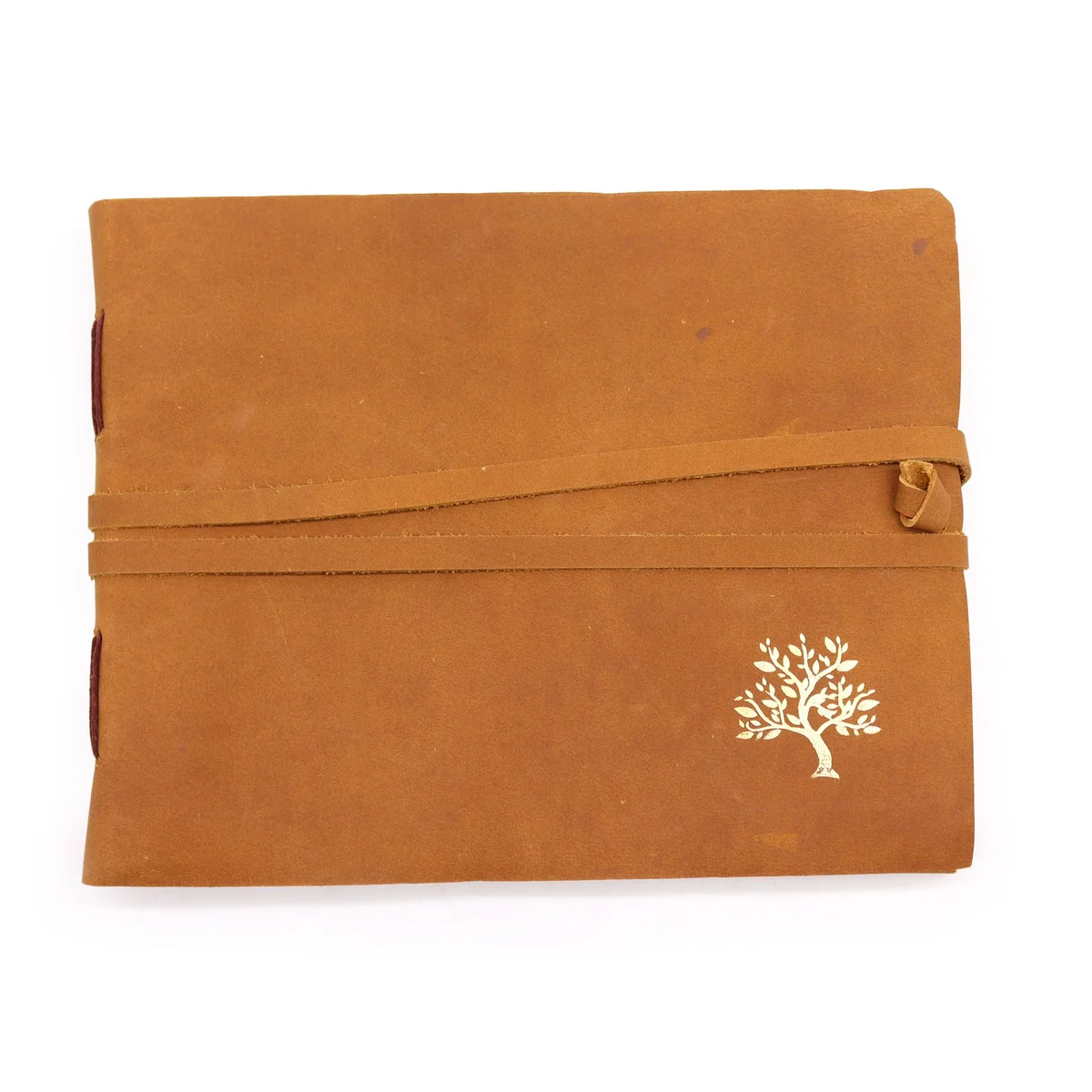 Leather sketchbook with golden tree embossed cover, 144 pages, 18x23cm size, closed view on white background