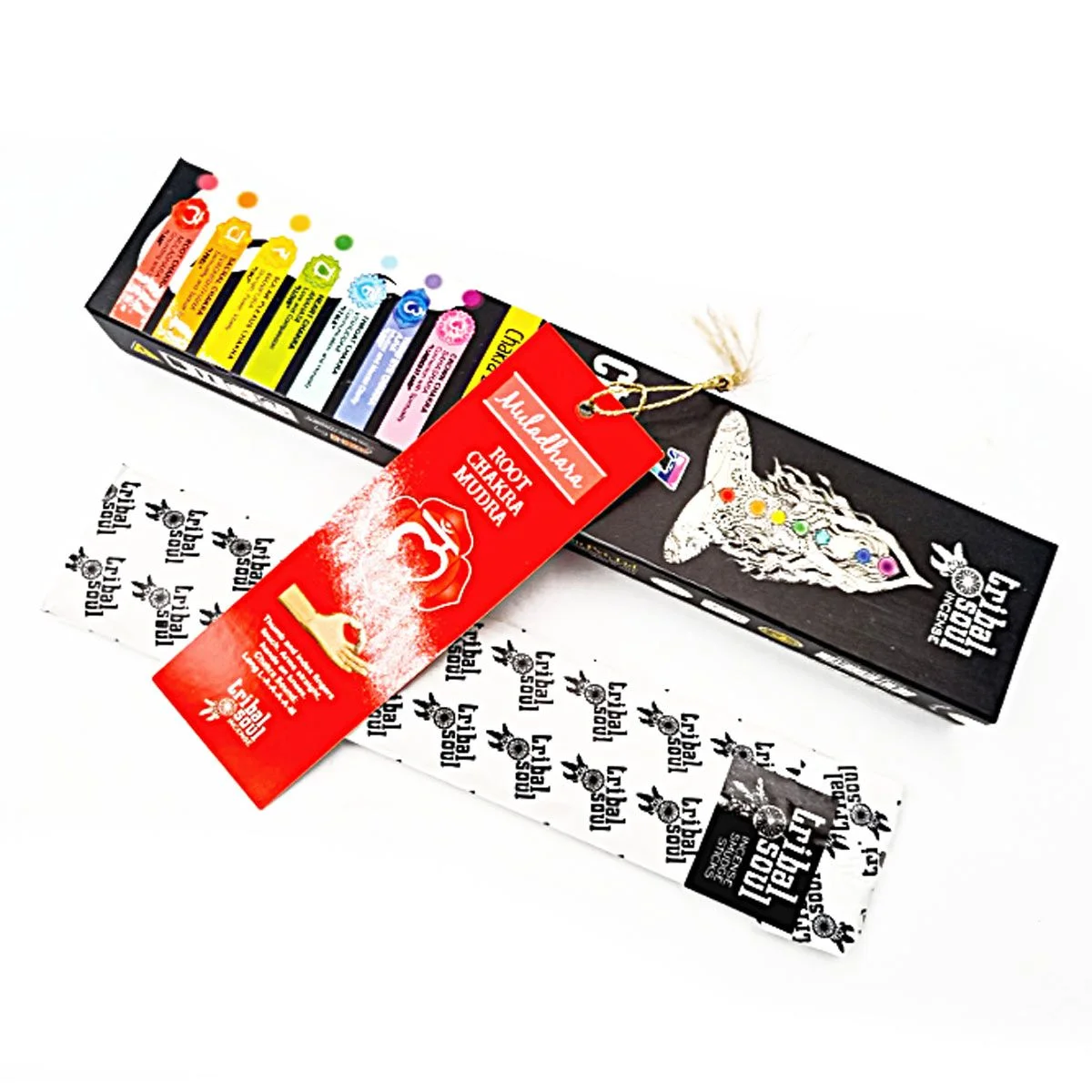 Tribal Soul 7 chakras incense sticks with colorful packaging and included message card displayed on white background