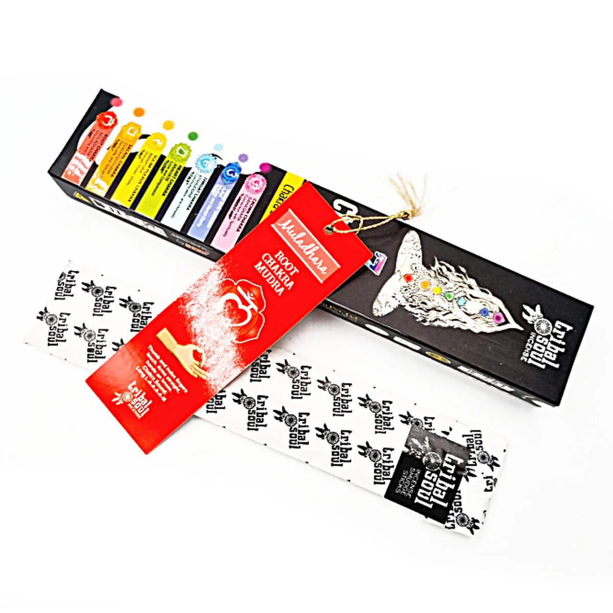 Tribal Soul chakra incense sticks displayed with colorful packaging and included message card on a white background